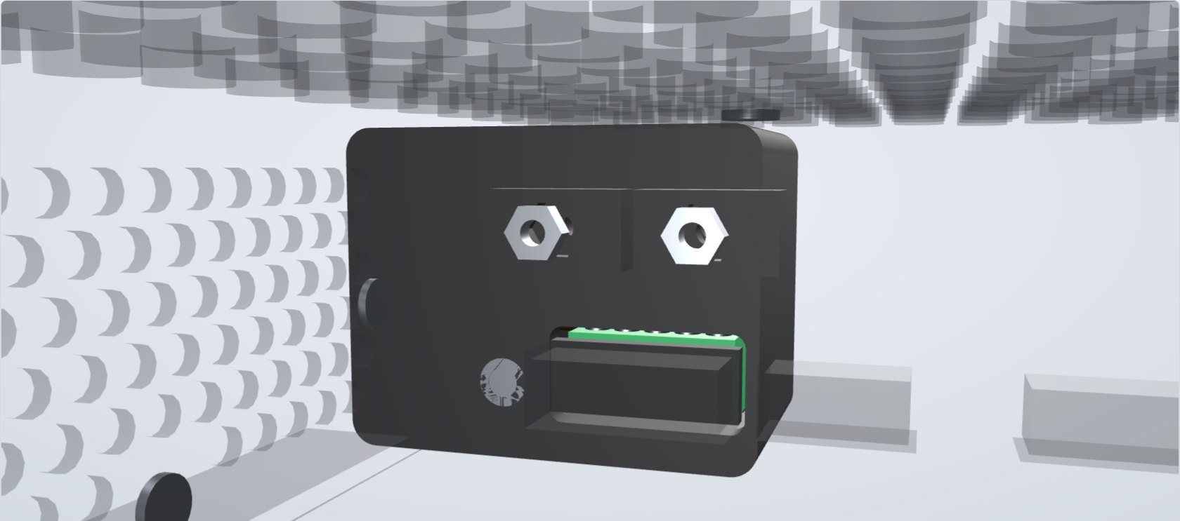 The view from inside the Crestron box: the two vent-hole screws and nuts in their printed nut blocks, and the green connector in the window